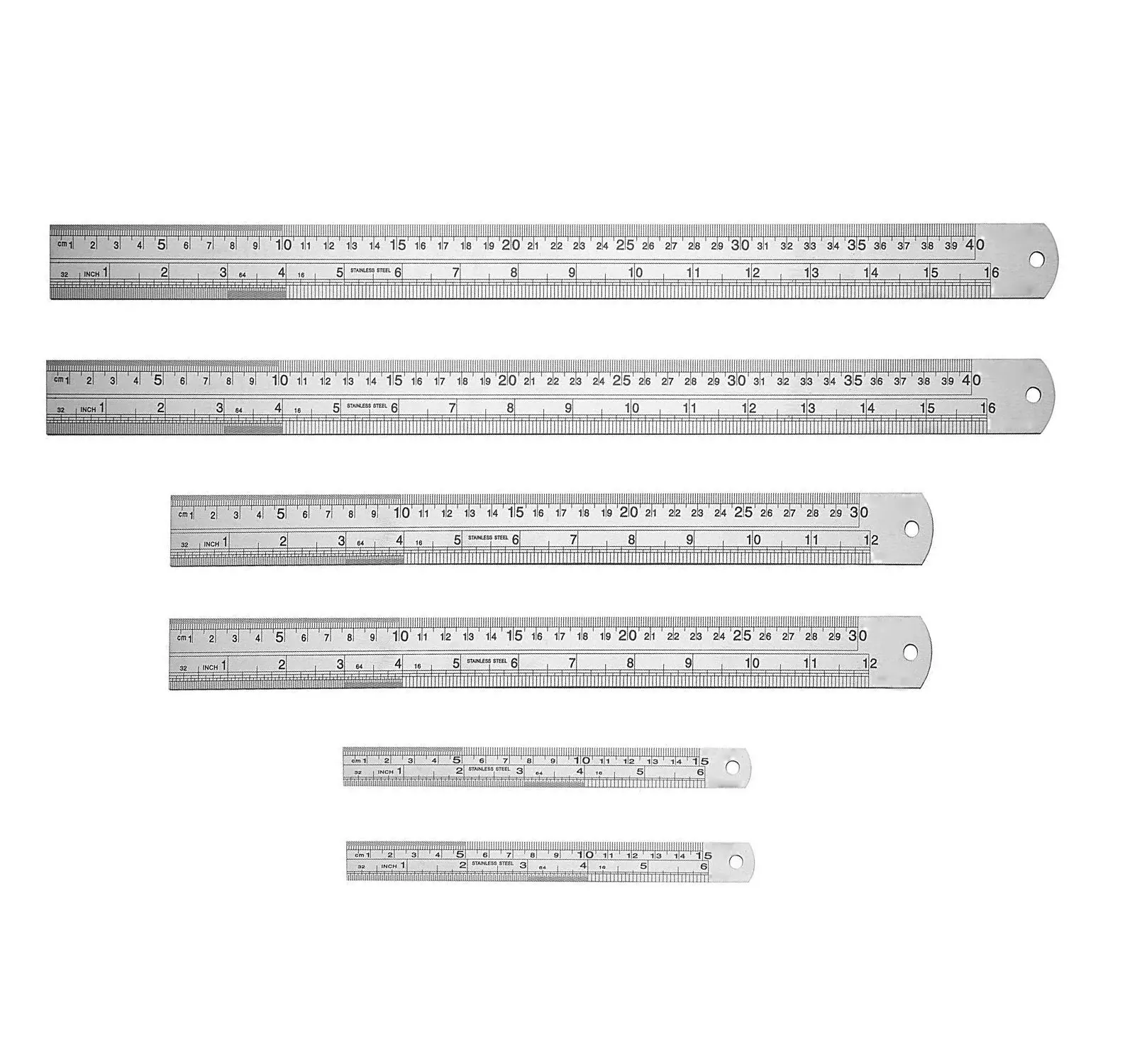Steel Rulers made of steel having a double scale with one edge divided in inches and tenths and the other in cm and mm