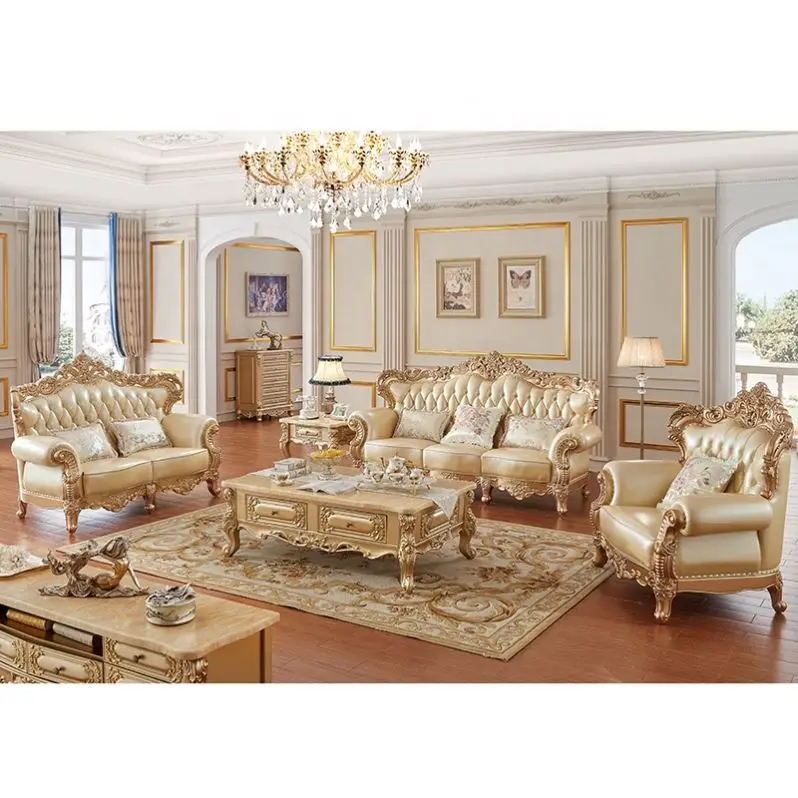 7 Seater Royal Luxury Antique Living Room Furniture Original Leather Sofa Set White And Gold Fabric Living Room Sofa Set