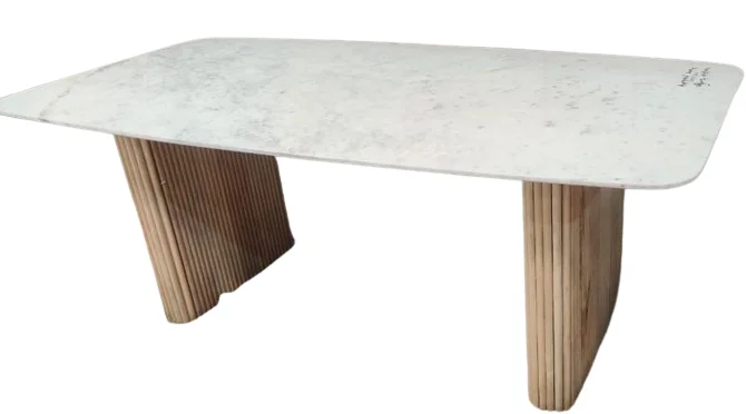 Latest Modern Design Solid Banswara Marble Top and Mango Wood Fluted Legs Rectangular Dining Table for Home Hotel Restaurant