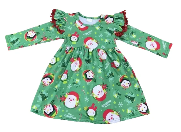 Wholesale children clothing boutique hot selling milk silk Christmas Snowman Candy Long Sleeve dress