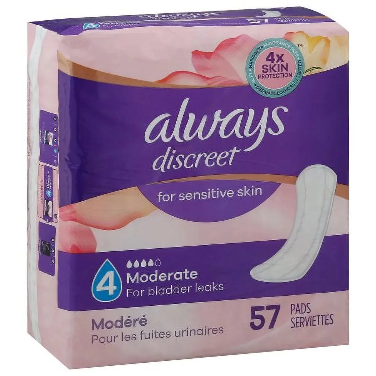 Always Discreet Incontinence Pads for Bladder Leaks Sensitive Skin Pads Moderate Absorbency, 57 Count