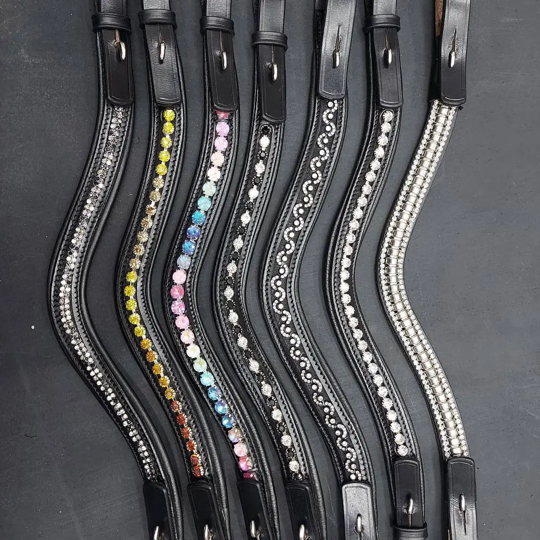 Handmade Good Quality Leather Horse Brow band With Padded And 2 Colored Combo Crystals & Studs Work Manufacturer & Supplier