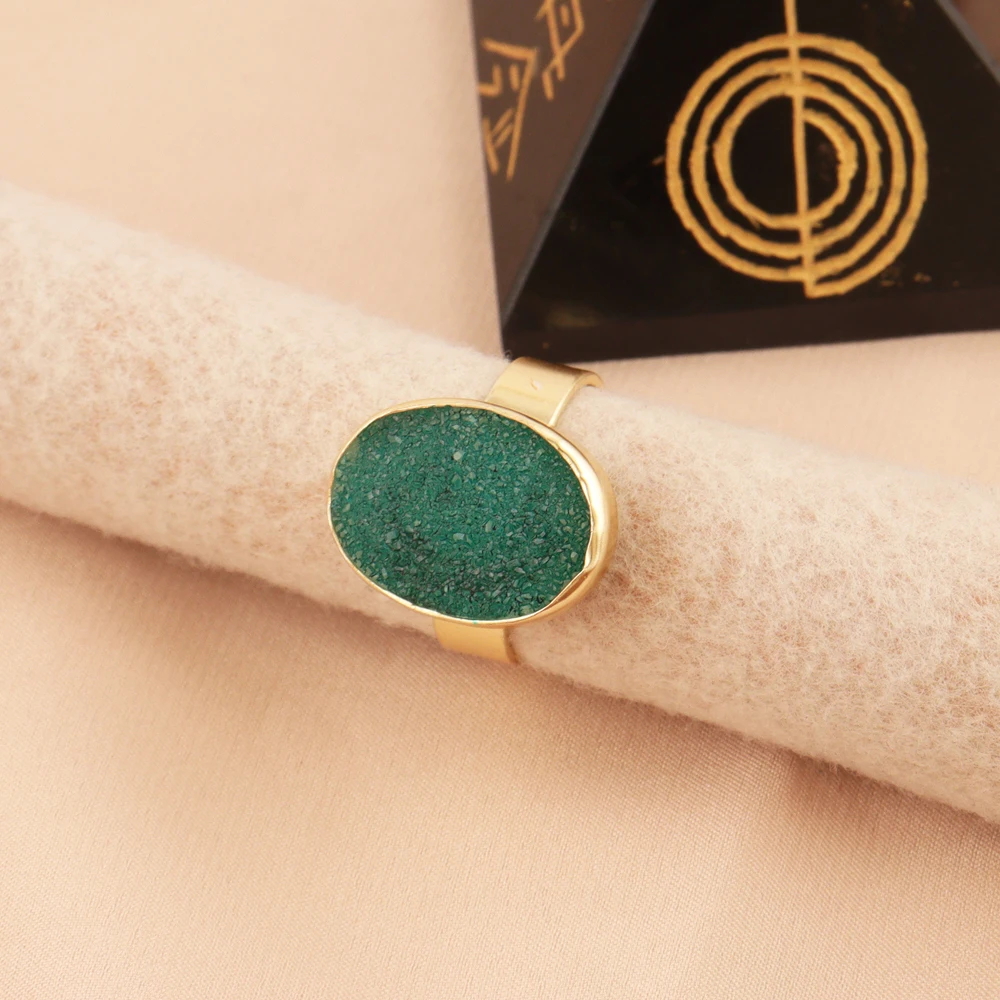 Новая модель овальной формы натуральный зеленый сахар druzy регулируемое кольцо латунь желтое позолоченное цанги Установочное унисекс толстые кольца