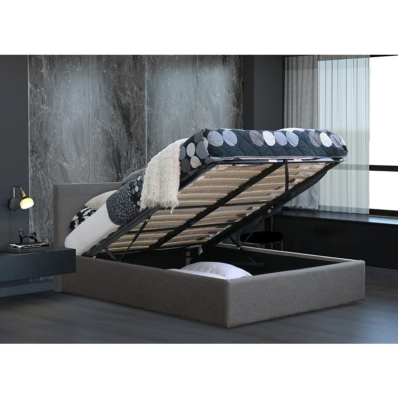 PRADO OTTOMAN Fabric Grey Color Bed Frame with End Open Storage Space Suitable for Dark Theme Interior Design