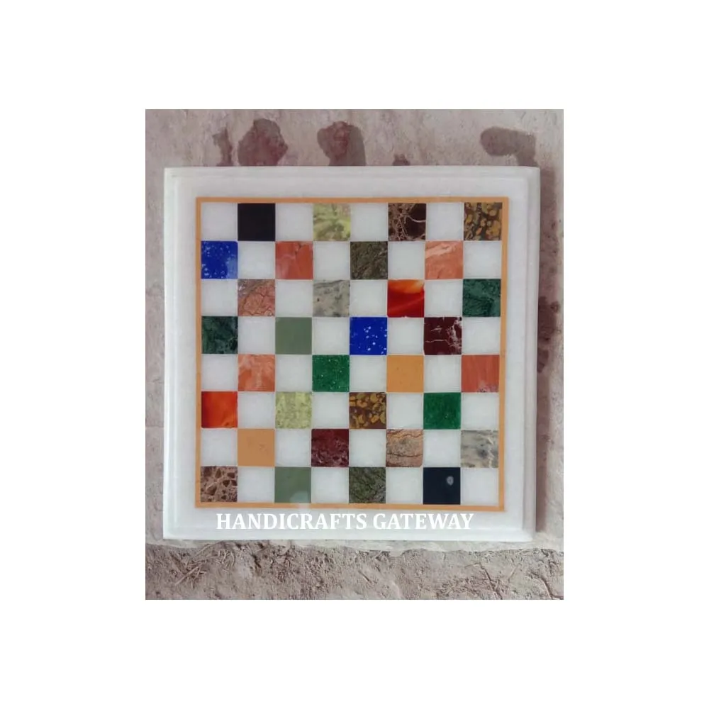 Most Trendy Poplar And Indian Art Attractive Handmade White Polished Marble Inlay Design Chess Board With Outdoor Gaming Plan