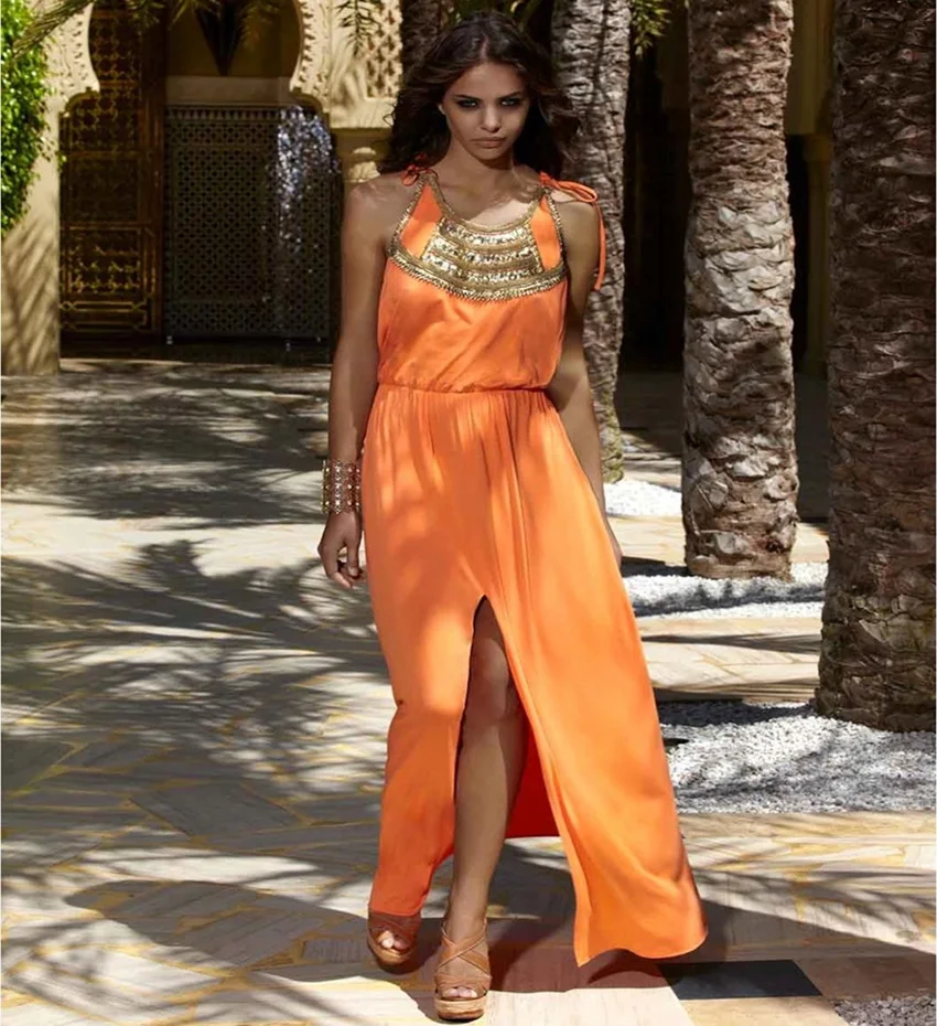 Orange golden embroidery long slit dress Flowy long evening dress for ladies new arrival party wear spring summer dress