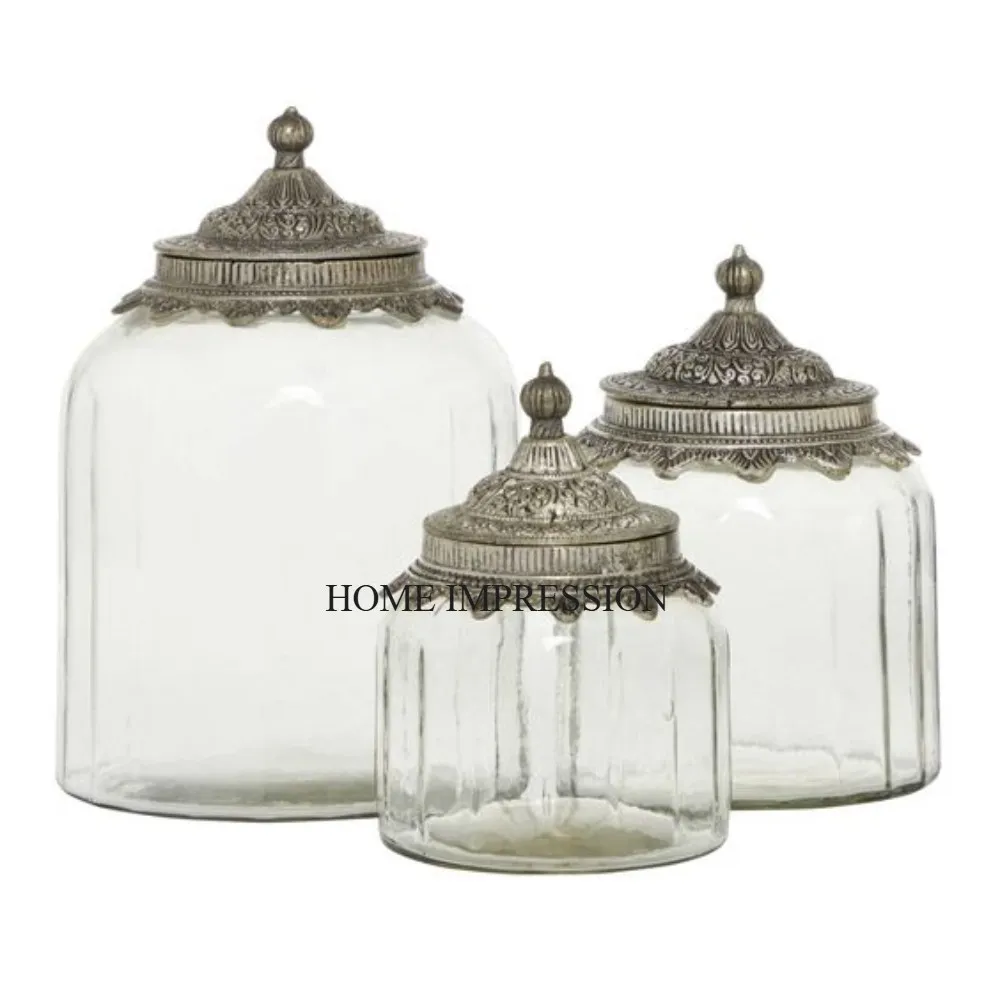 Vintage Art Collection Set of 3 Glass Made Jars With Wooden Top Unique Designer Lid and Frame for Storage Boxes Holder Supplies