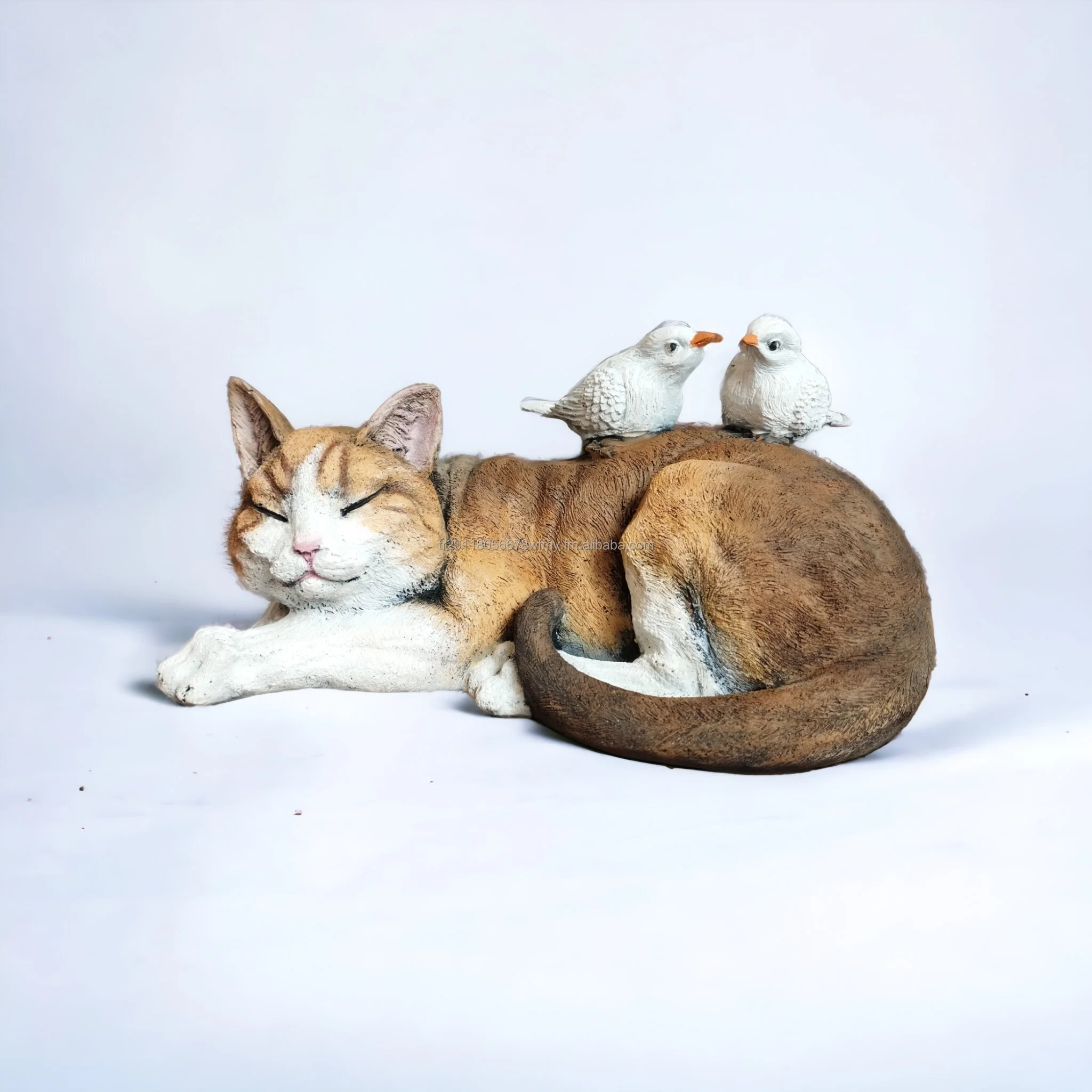 reclining Cat statue with a bird Animal Resin Sculptures Cute Figurine For Home Outdoor Garden Decoration Pet Ornaments Decor