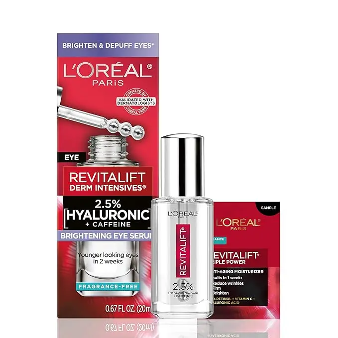 Loreal Paris Revitalift Hyaluronic Acid + Caffeine Hydrating Eye Serum for Dark Circles,Fragrance Free .67 fl. oz + Moisturizer