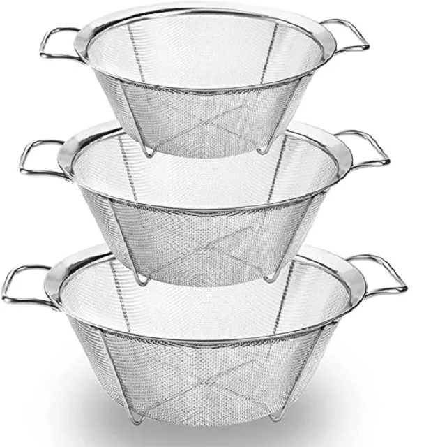 Hot Customization Metal Colander Set of 3 Stackable Mesh Footed Colander for Fruits Vegetable Seeds Rice Small Grains