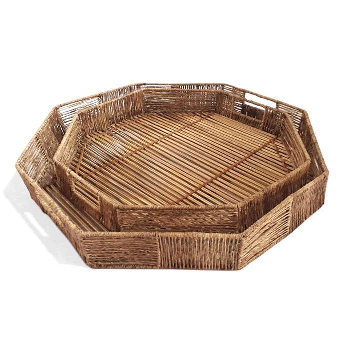 Wholesale Handmade Square Jute Decorative Rattan Serving Tray For Breakfast Coffee table tray Bamboo Food Tray Fruit Basket