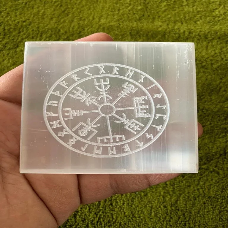 Natural Crystal selenite charging plate with moon symbol:moon symbol engraved plate:selenite:selenite slabs moon:crystal healing