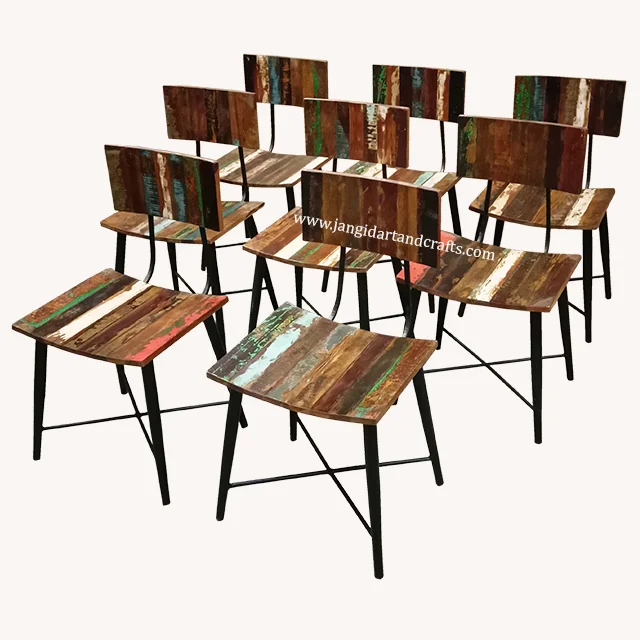 Factory wholesale Industrial Bistro Cafe Hotel Metal Frame Dining Chair with Reclaimed Wooden Top Restaurant Iron Dining Chair