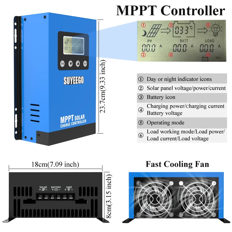 SUYEEGO Mppt 30A Solar Charger Controller 12v/24v/36v/48v Auto PV Charge Regulator for 150v Home Solar Panels System