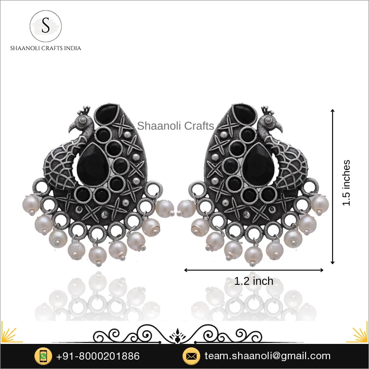 Indian Handmade Silver Oxidized Peacock Design Cute Studs Earrings Indian Jewelry for Women