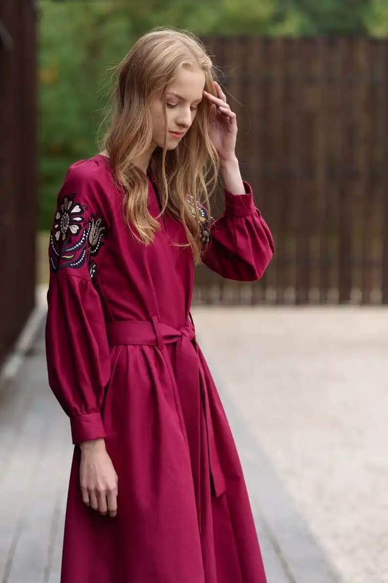 excellent very nice soft linen fabric winter dress fully floral embroidered puff sleeve long ukrainian dress party wear style