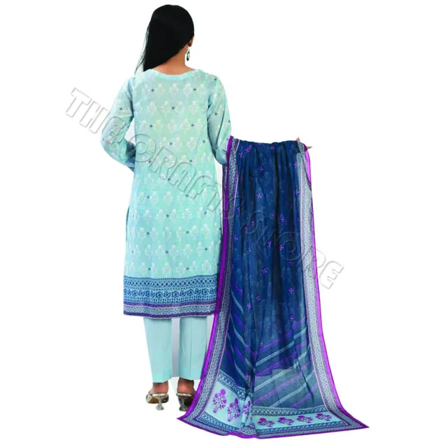 Original Branded Pakistani Lawn 3 Piece Suits With Gold Table Printed With Lace Work Embroider