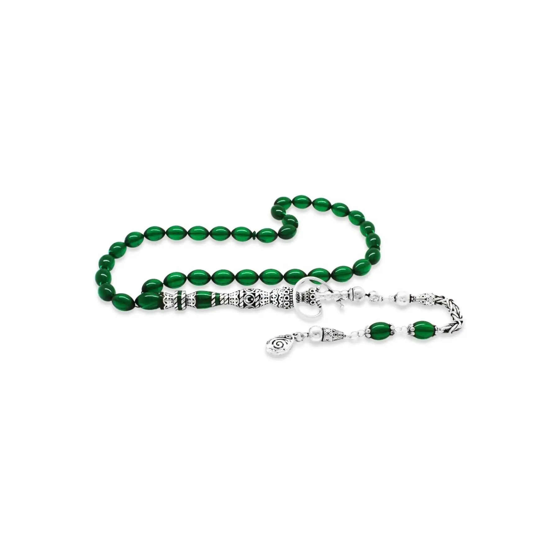 925 Sterling Silver King Tasseled Nakkaş Imameli Hookah Design Green Fire Amber Rosary