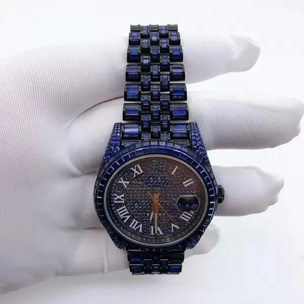 Luxury Iced Out pass diamond tester Blue Watch Moissanite Diamond Watches Hip Hop Gemstone Diamond Mechanical Watch For Men