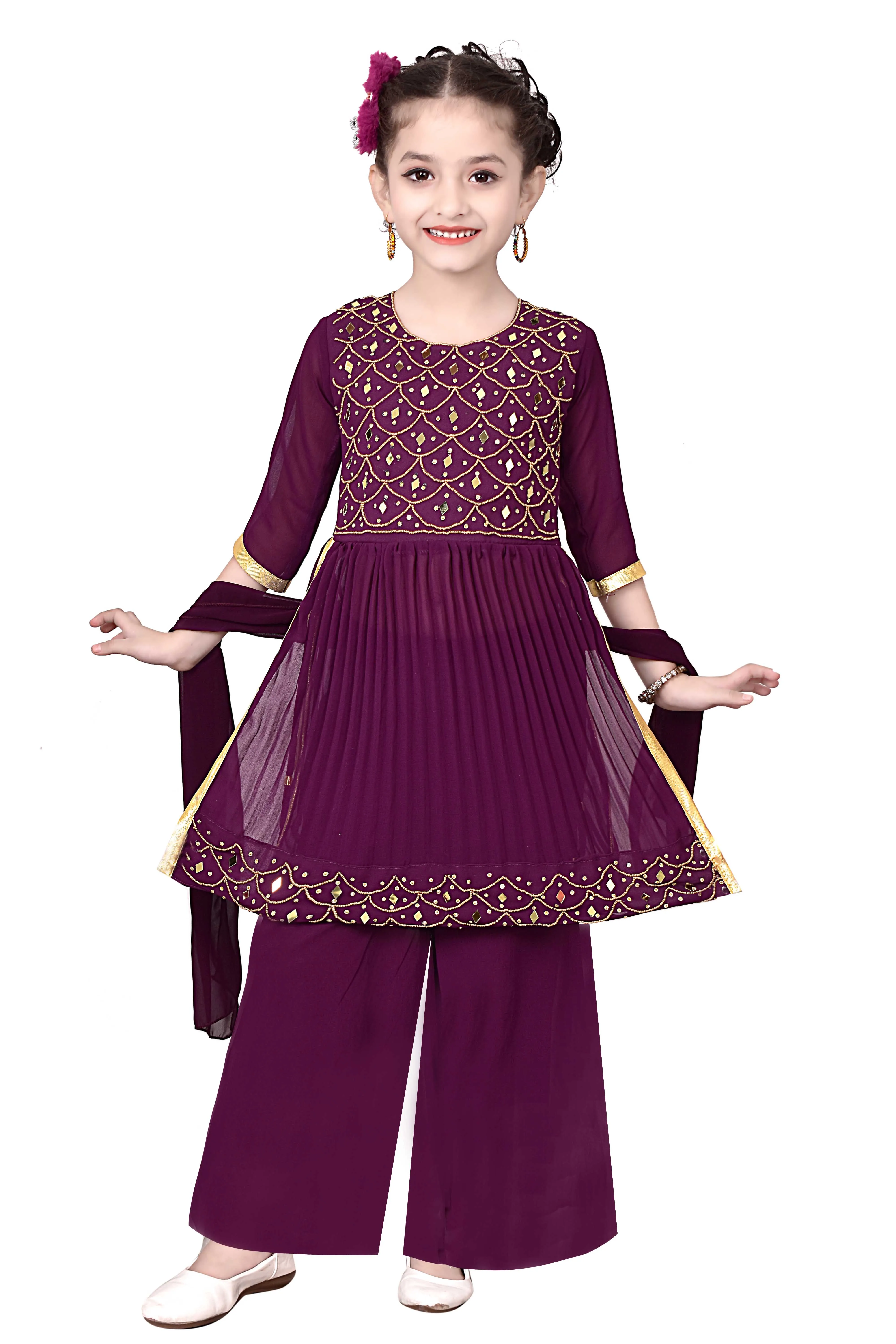 Best Quality Indian Traditional Georgette Naira Kurtis Palazzo Dupatta Set Girls 3-10Years Handmade Party Occasions High Demand