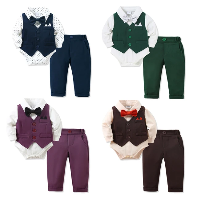 Baby Boy Romper Formal Suit Ring Bearer Toddler Boy Wedding Outfit Birthday Baby Vest Romper Suit News Boy Outfit Pants Sets