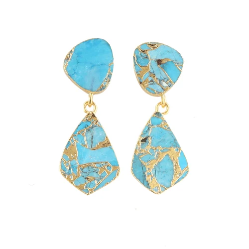 2023 New Trendy Mohave Sky Blue Copper Turquoise Double Stone Stud Dangle Earrings 24k Gold Plated Push Back Teardrop Earrings