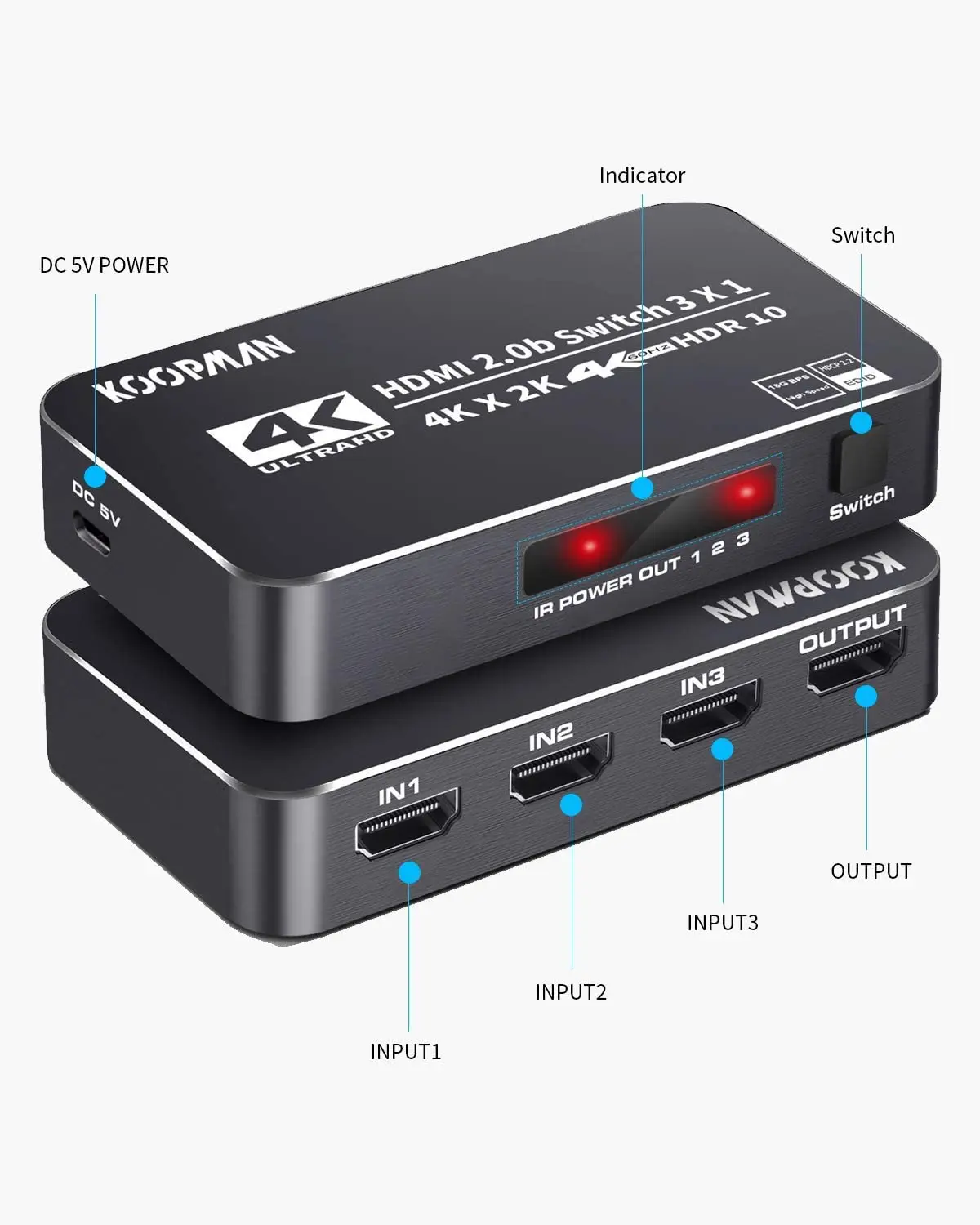 4K HDR HDMI Switcher 3-Port HDMI 2.0 Switcher Selector with IR Wireless Remote Control, UltraHD Dol-by Vision Support