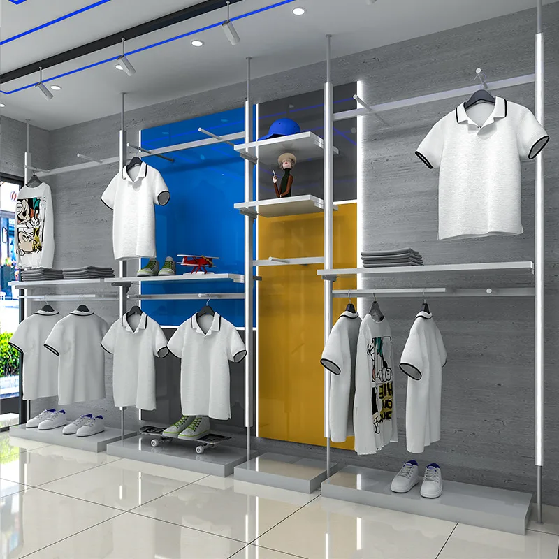 TOP Trendy Retail men Clothes Store Display Rack Custom Boutique Furniture Chic metal Clothing Shop Design for wall-mounted