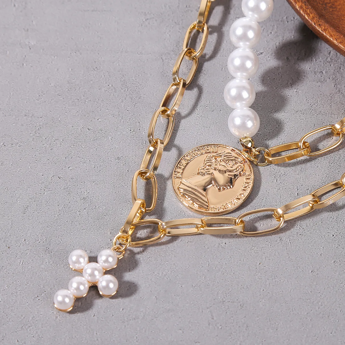 Fashion Jewelry Large Pearl Zircon Silver Plated 2 Layered Chain Cross Pendant Necklace Women