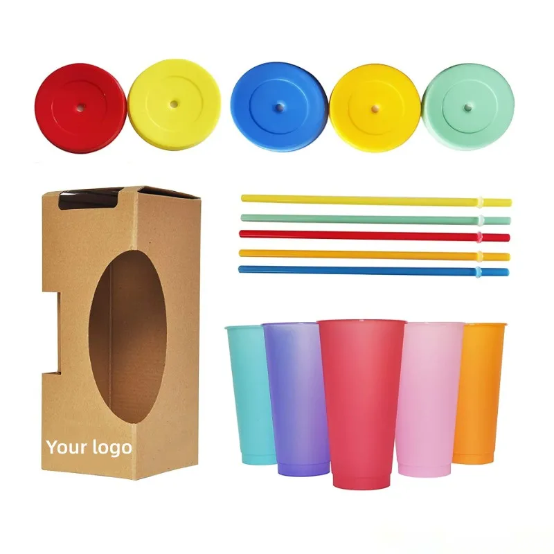 Wholesale Custom 24oz Plastic Reusable Cup For Coffee Tea Party Personalized Red Clear Color Changing Plastic Cup With Lid Straw