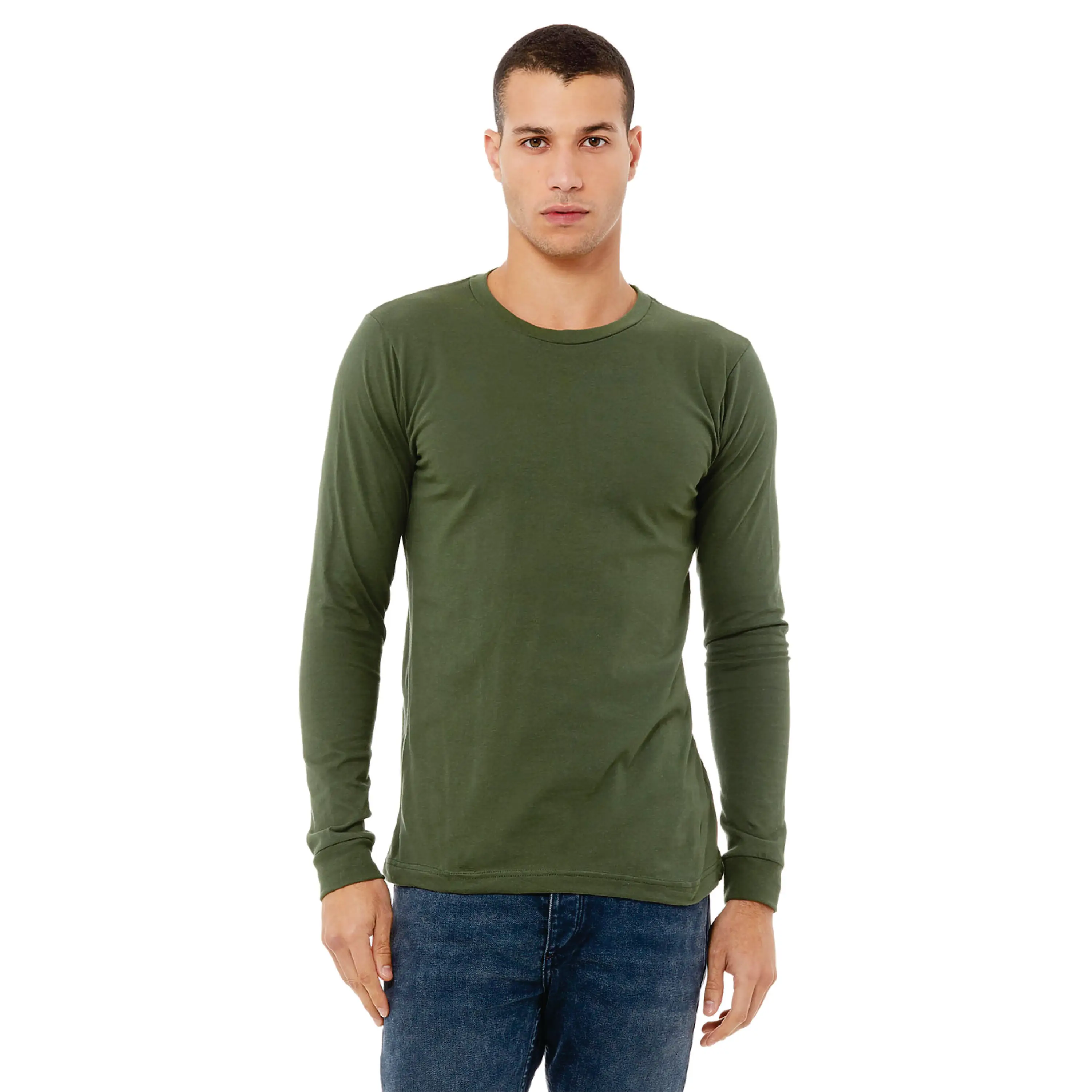 OEM Custom Manufacturer Long Sleeve Crew Neck T-Shirt  Green, 100% Airlume Combed Cotton, 4.2 oz