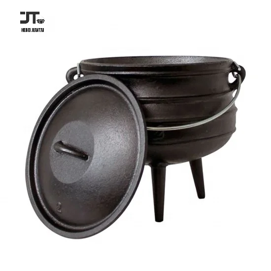 Pre-Seasoned Cast Iron 6L Three-legged Cauldron Potjie African Pot Heavy-Duty Tripod Cookware with Lid Metal Handle for Camping