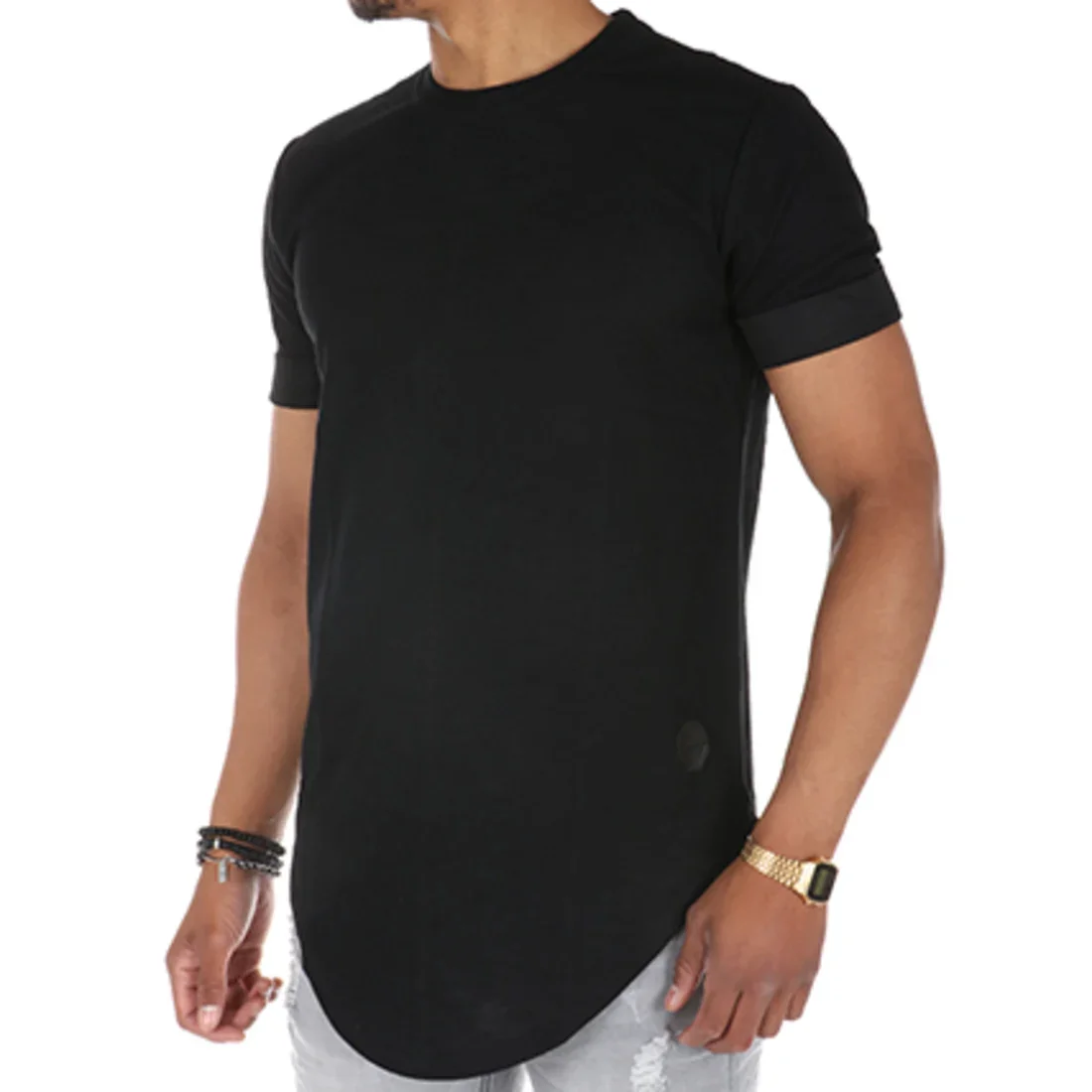 breathable slim Fit short Sleeve Elongated T Shirts 100% Cotton White black  Mens O Neck Premium Elongated T shirts