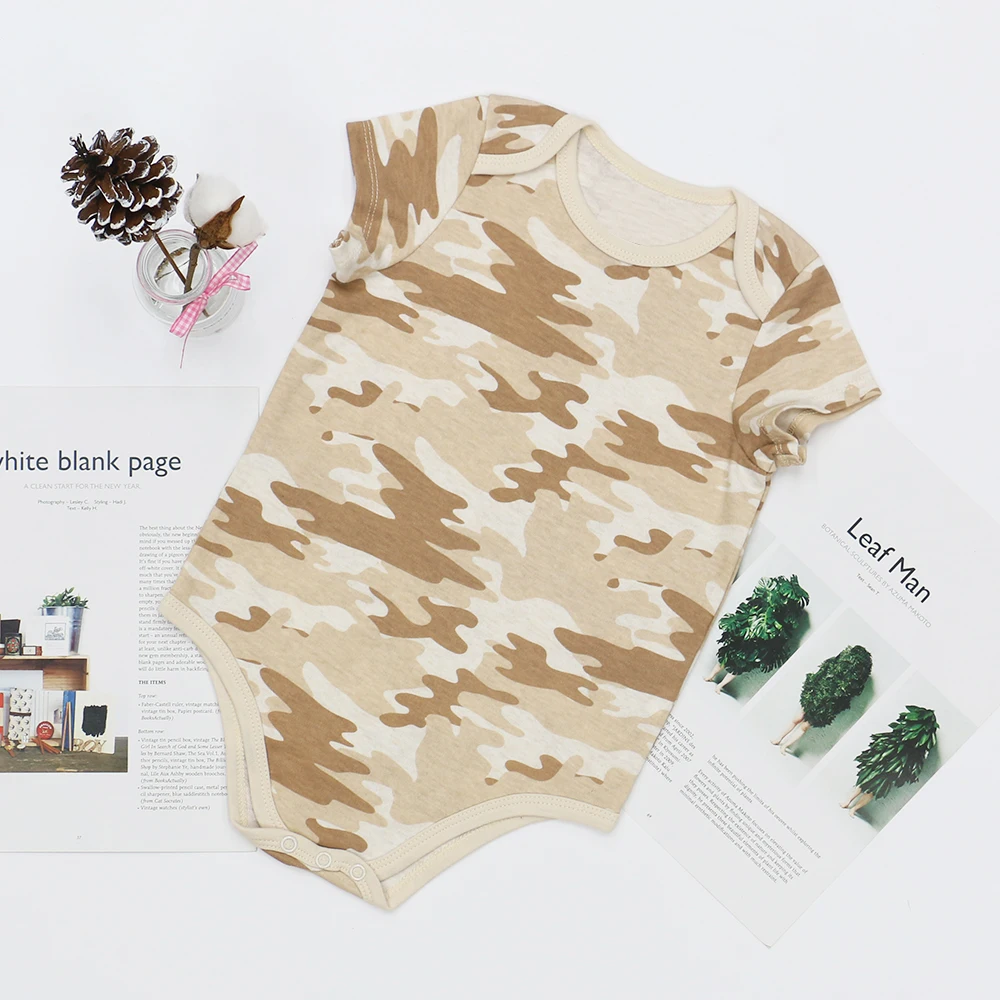 OA 45 Days OEM ODM OBM 2023 latest Custom Logo Pattern Fabric Organic Cotton shortsleeve camouflage Baby Romper Baby Clothes