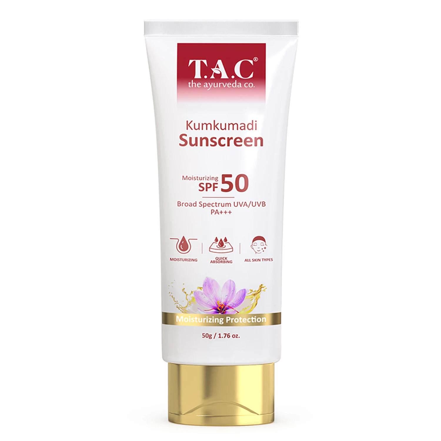 TAC - The Ayurveda Co. Kumkumadi Sunscreen Ultra-Light SPF 50 with UVA/UVB PA+++, for Sun Protection, Dull & Dry Skin, 50gm