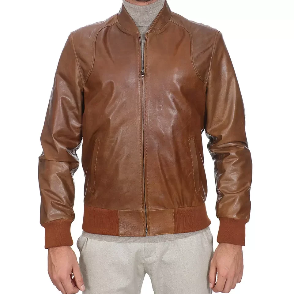 Pakistan Top Quality Manufacture Brown Leather Bomber Jacket Premium Lambskin Burnishing Men Leather jackets