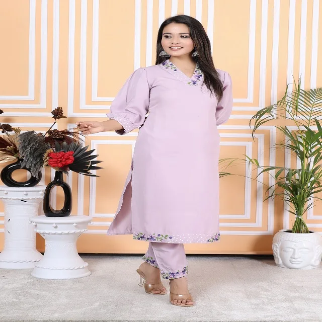 High quality lady tailor lavender machine embroidery polyester co-ord set party wear dress