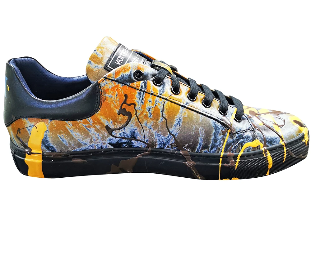 HIGH QUALITY UNISEX SNEAKERS,BLACK LEATHER,DIGITALLY PRINTED.ARTISTIC COLORING SHOE IN YELLOW AND BROWN.MADE IN ITALY