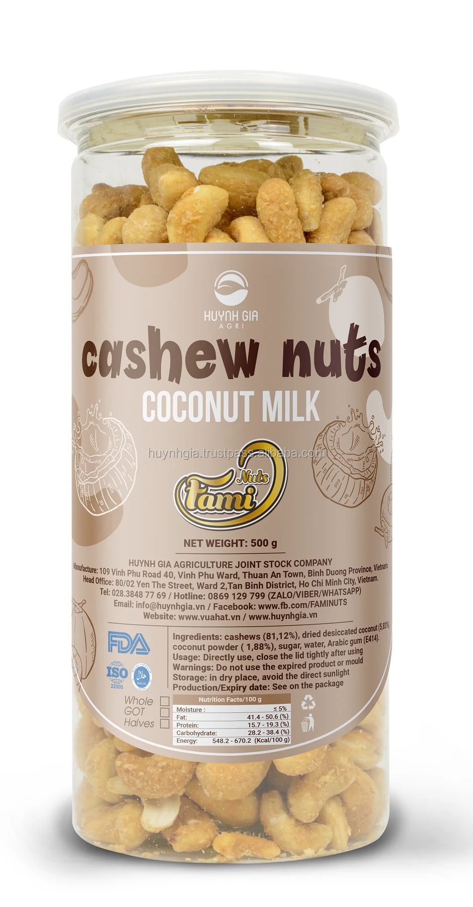 Лидер продаж, орехи кешью, кокосовый рис 120 г, 300 г, 500 г, пластиковая банка с крышкой из алюминиевой фольги, размер A ++ Grand Fami орехи
