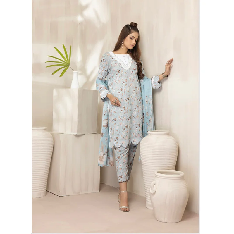 wholesale dresses women wedding pakistani Luxury Digital Printed Cotton Shirt With Lawn Dupatta and Printed Trouser