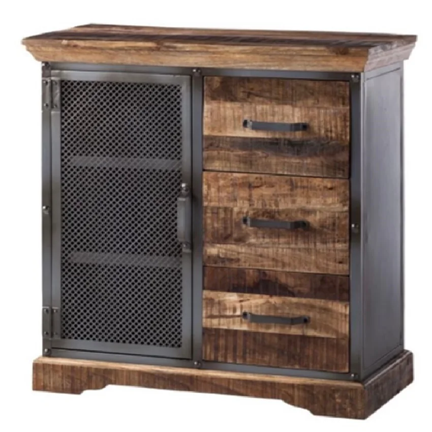 Beautifully Designed Classy Look Iron Wooden Drawer Cabinet Mesh Design Furniture for Home and Office available at Best Price