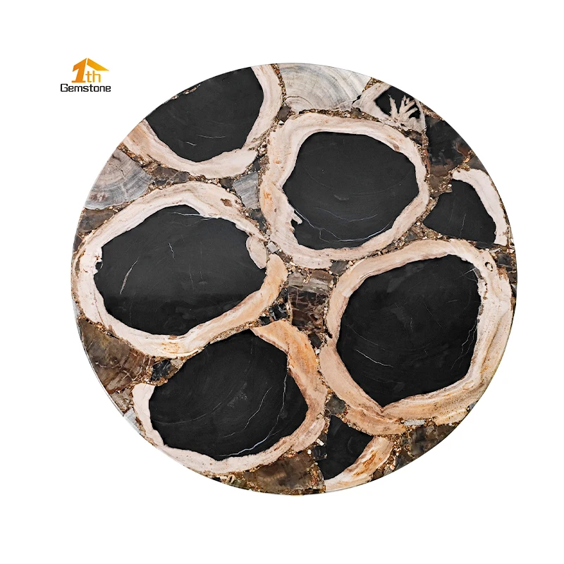 Natural Gemstone End Table Brown Fossil Wood Round Table TopsPetrified Wood Furniture