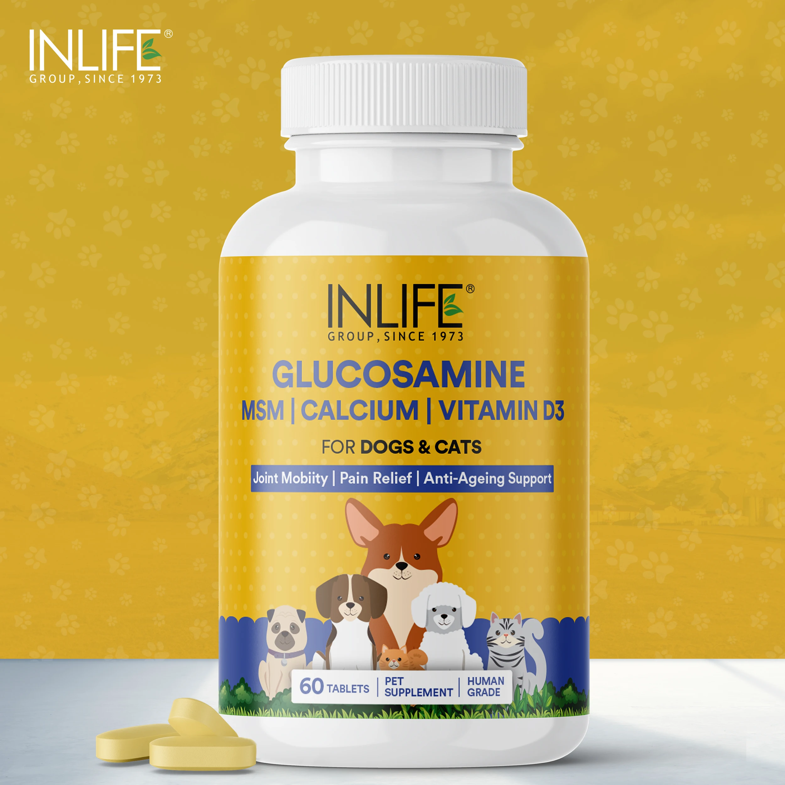 Best Quality glucosamine tablets for dogs & cats 60 tablets with msm calcium & vitamin d3 Joints, Bone Health Supplement