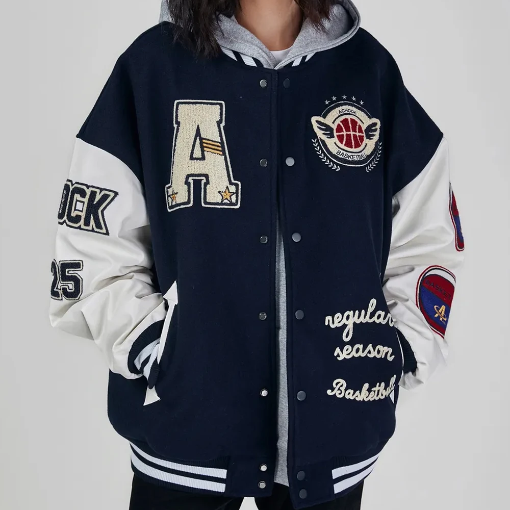 New 2023 Black Women Custom Embroidery Logo Sleeves Chenille Baseball Letterman Varsity Jacket College Pus Size Baseball Varsit