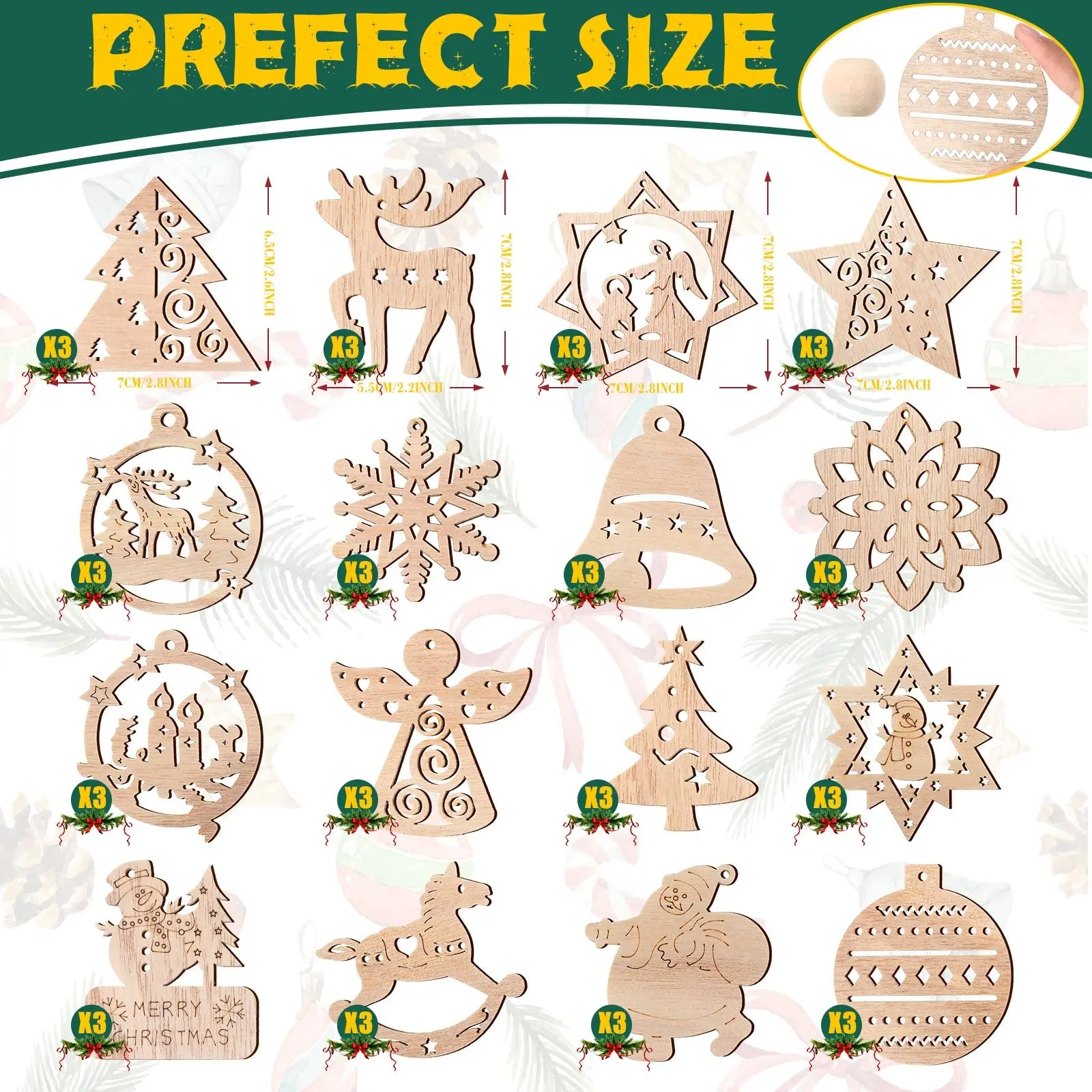 48 PCS Christmas Wooden Ornaments Hanging Ornaments with Beads Wood Snowflakes Crafts  for Christmas Tree Painting DIY Craft