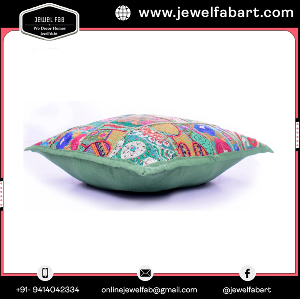 Indian Traditional Style Patch Work Cotton Cushion Cover in Square Shape Home Decorative Handcrafted Floor Pillow Cover