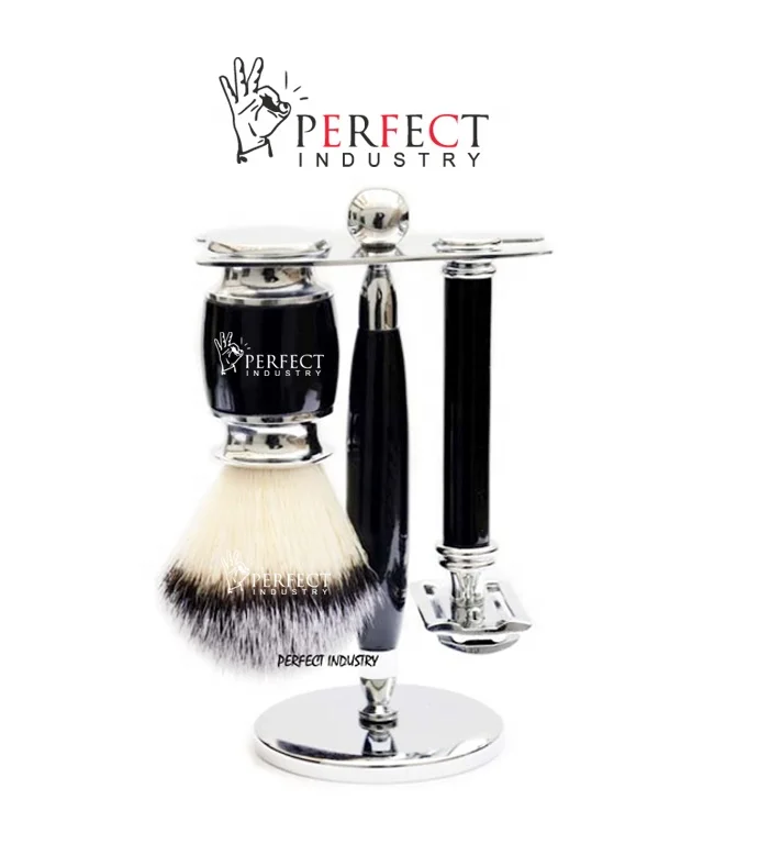 Hot selling finest Black & Chrome groomsmen set Black Fixed Blade Razor Black Shaving Brush & Shaving Stand Set