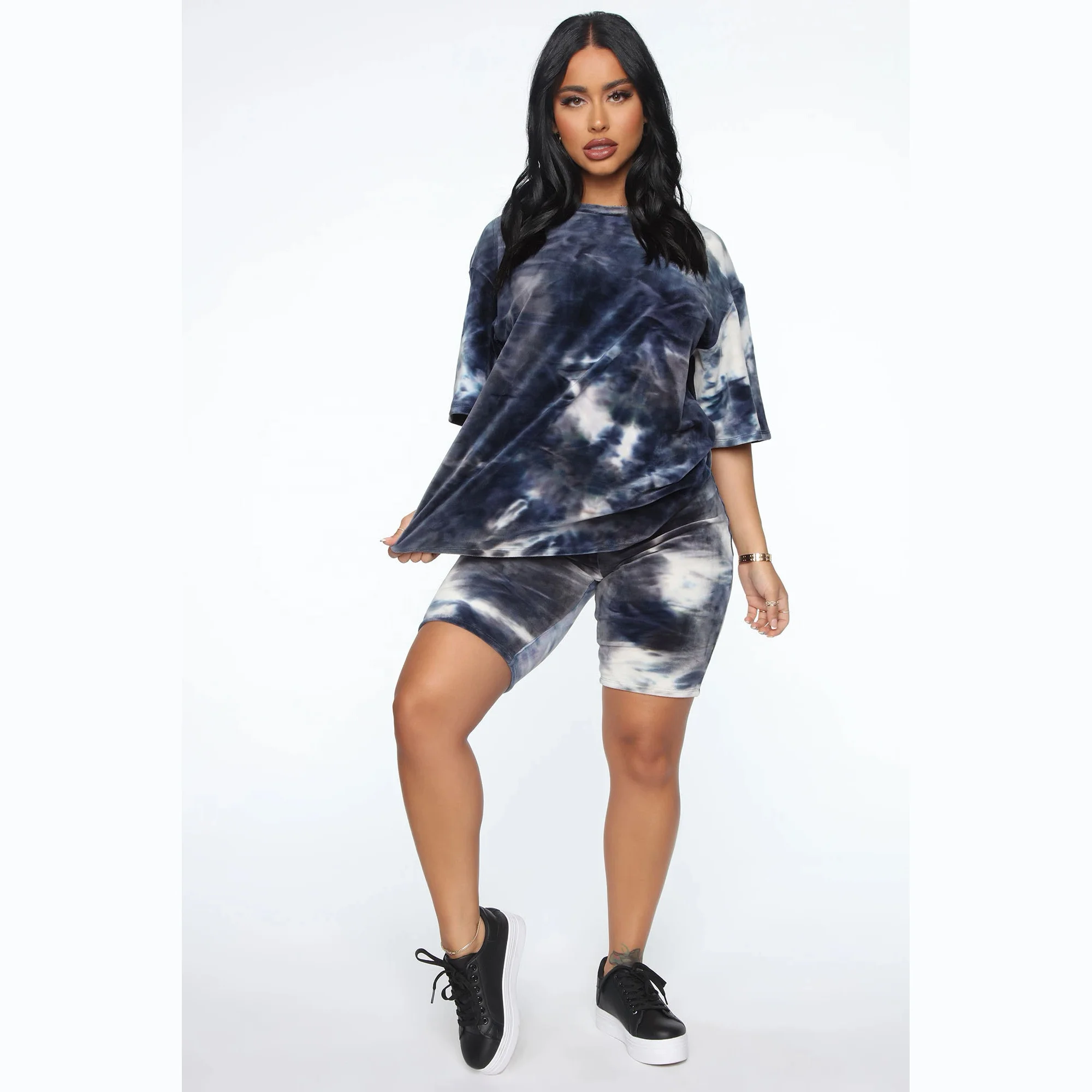 T-Shirts And Shorts Women plain dyed Two Piece Set Short Sleeve O-neck Casual 2 Piece Joggers Biker Shorts For Woman