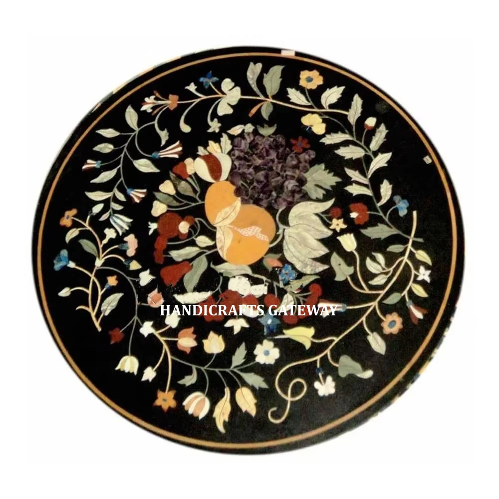 Indian Manufacturer And Exporter Of Handmade Round Shape Black Marble Floral Inlay Coffee Table Top Use For Home And Cafe