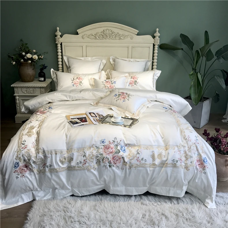 Wholesale European style 100 Egyptian long-staple cotton four-piece suit pure cotton white embroidery satin 4-piece suit palace